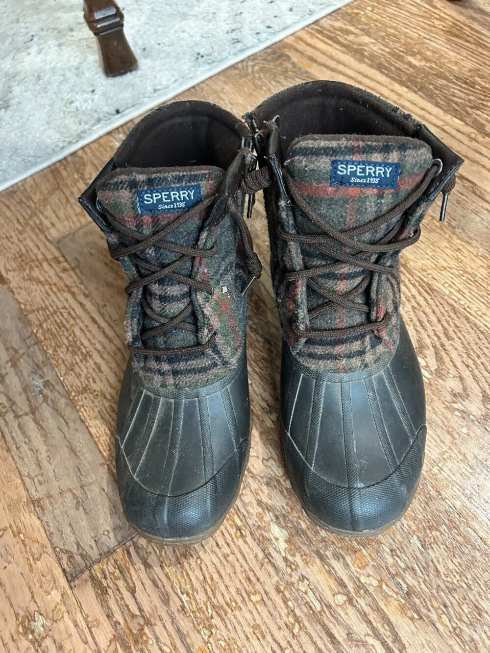 Sperry rain boots, brown with plaid, size 8